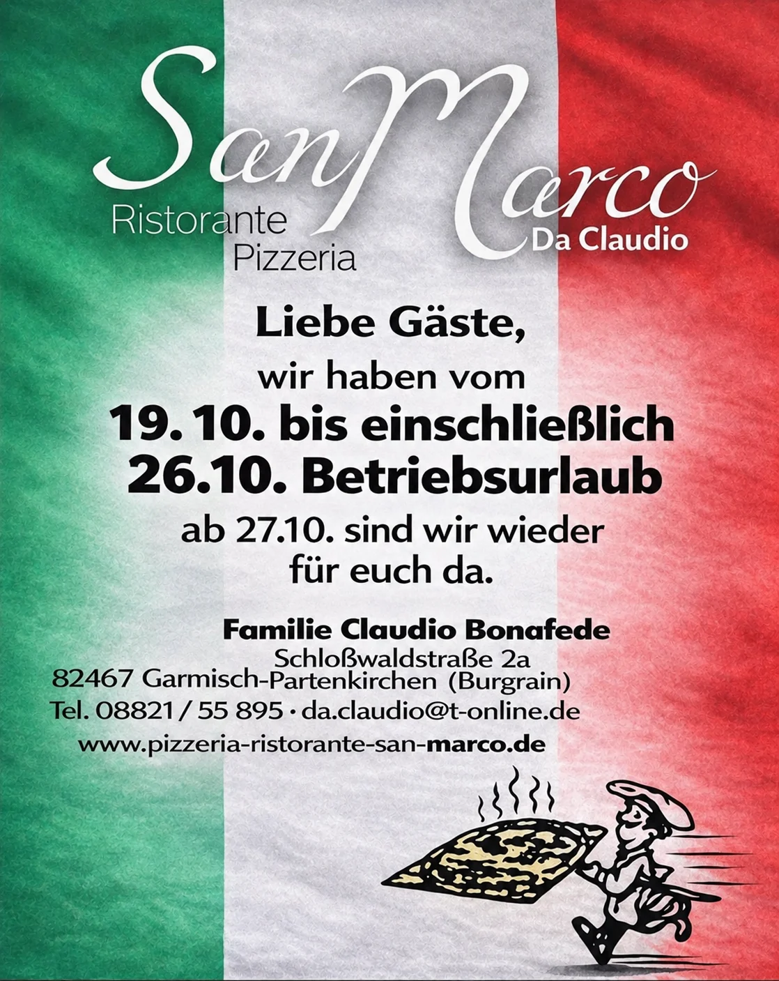 Betriebsurlaub – Pizzeria San Marco